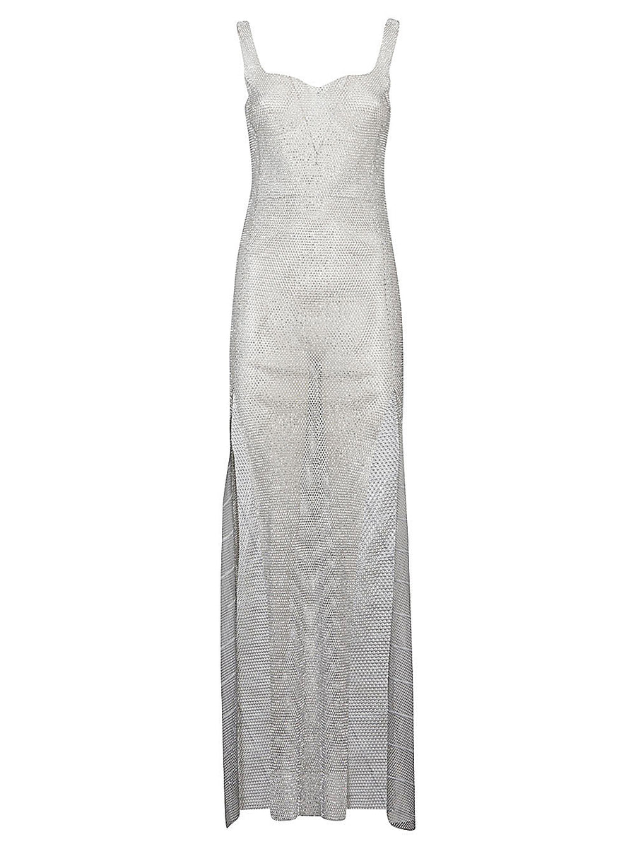 Santa Brand Rhinestone Sleeveless Long Dress With Heart Neckline For Women Glamorous Silver Evening Gown One Size