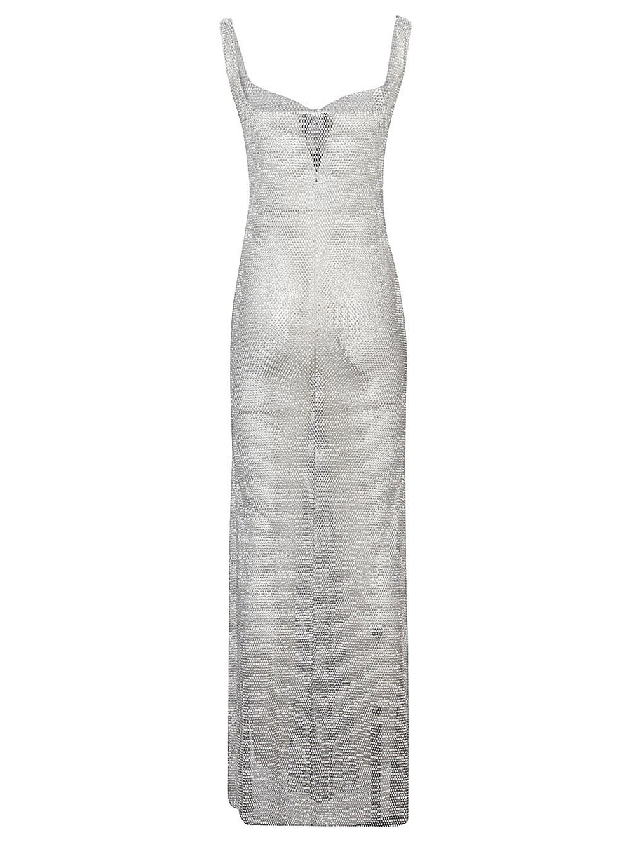 Santa Brand Rhinestone Sleeveless Long Dress With Heart Neckline For Women Glamorous Silver Evening Gown One Size