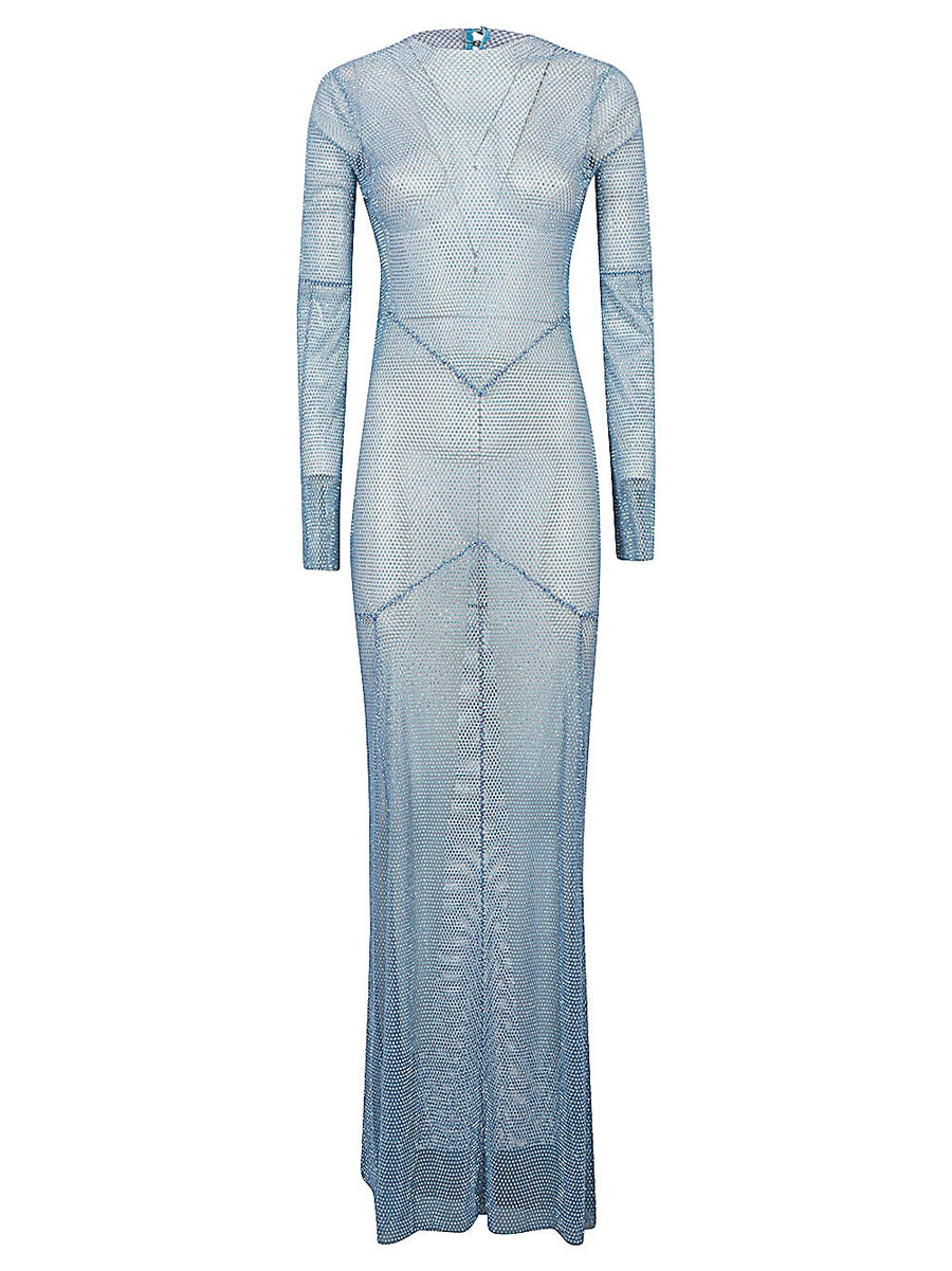 Santa Brand Maxi Dress For Women One Size Open Back Sheer Blue Evening Gown With Rhinestone Details