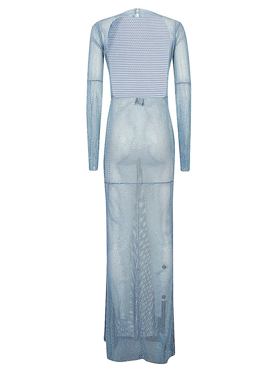 Santa Brand Maxi Dress For Women One Size Open Back Sheer Blue Evening Gown With Rhinestone Details