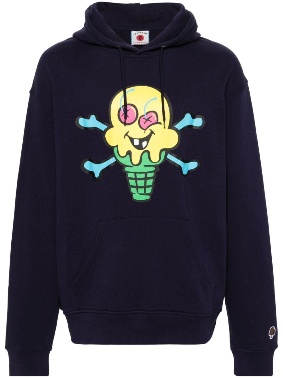 Icecream Cones Bones Hoodie for Men Navy Cotton Bold Front Print Drawstring Hood Pockets