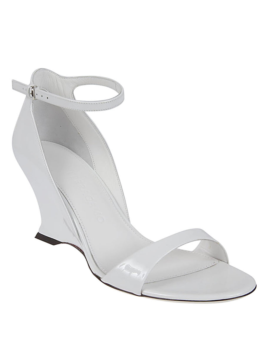 Ferragamo White Painted Calfskin Wedge Sandals For Women Adjustable Secure Fit Luxury Everyday Wear
