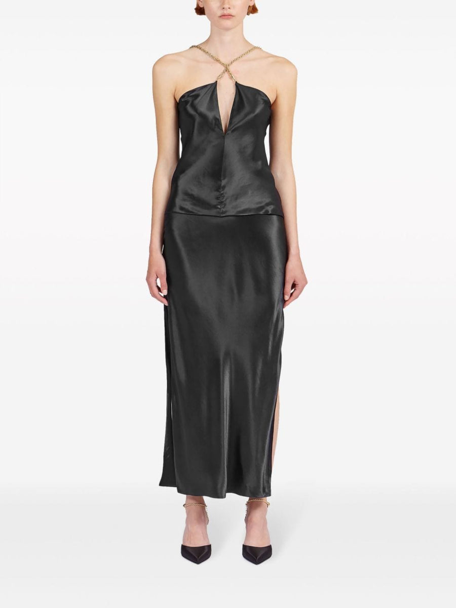 Ferragamo Satin Sleeveless Top Black With Gold Hardware Cutouts Scoop Back Twisted Straps For Women Elegant Evening Wear
