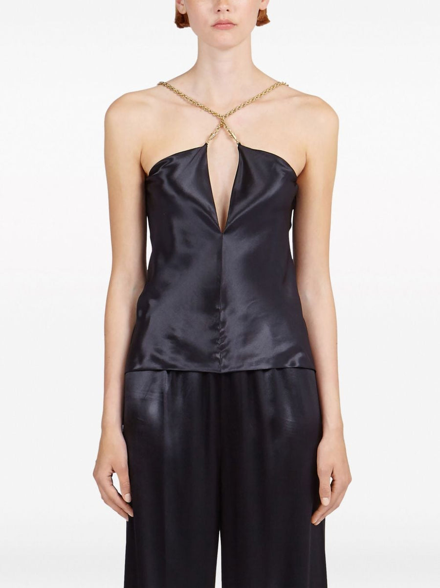 Ferragamo Satin Sleeveless Top Black With Gold Hardware Cutouts Scoop Back Twisted Straps For Women Elegant Evening Wear