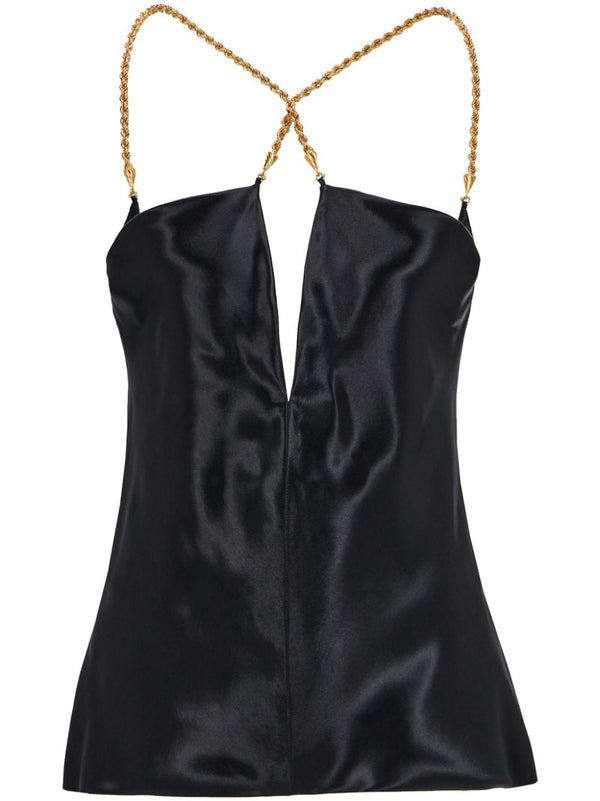 Ferragamo Satin Sleeveless Top Black With Gold Hardware Cutouts Scoop Back Twisted Straps For Women Elegant Evening Wear