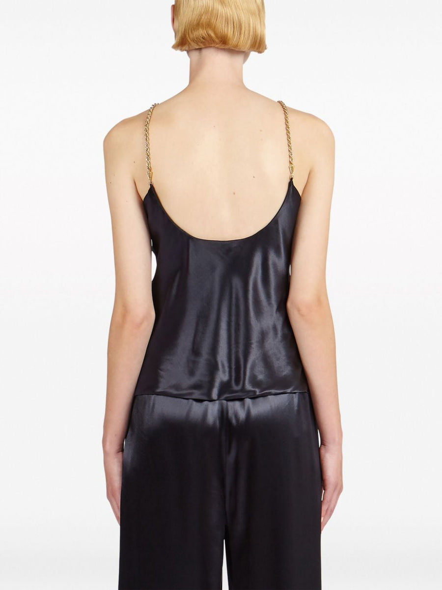 Ferragamo Satin Sleeveless Top Black With Gold Hardware Cutouts Scoop Back Twisted Straps For Women Elegant Evening Wear