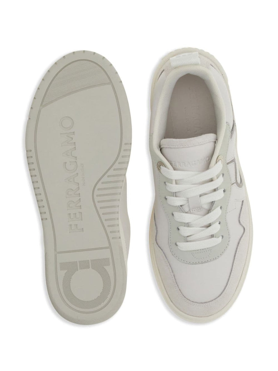 Ferragamo Gancini Leather Sneakers for Women in Optical White Luxury Calfskin and Suede Panels