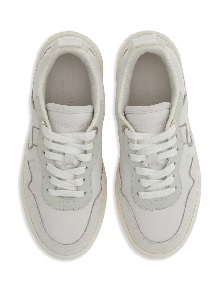 Ferragamo Gancini Leather Sneakers for Women in Optical White Luxury Calfskin and Suede Panels