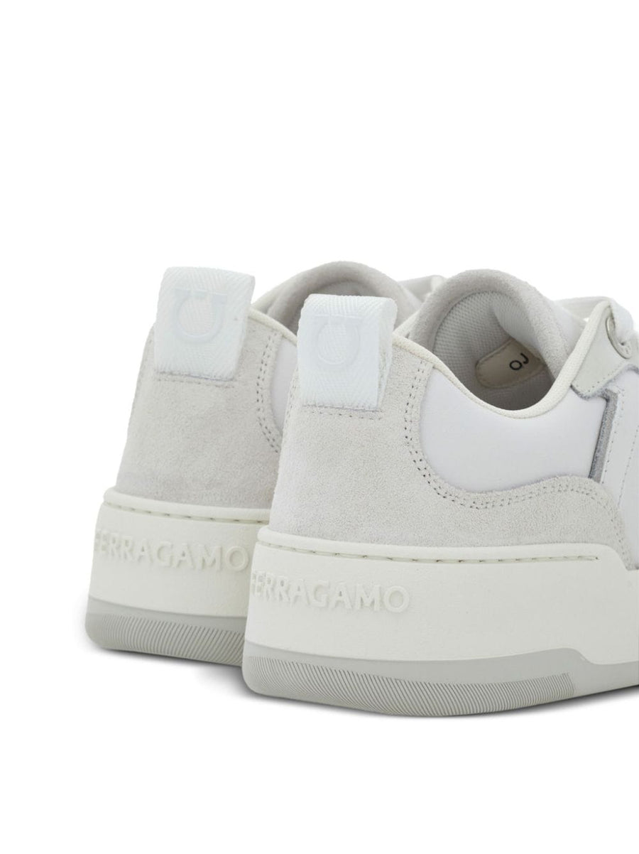 Ferragamo Gancini Leather Sneakers for Women in Optical White Luxury Calfskin and Suede Panels