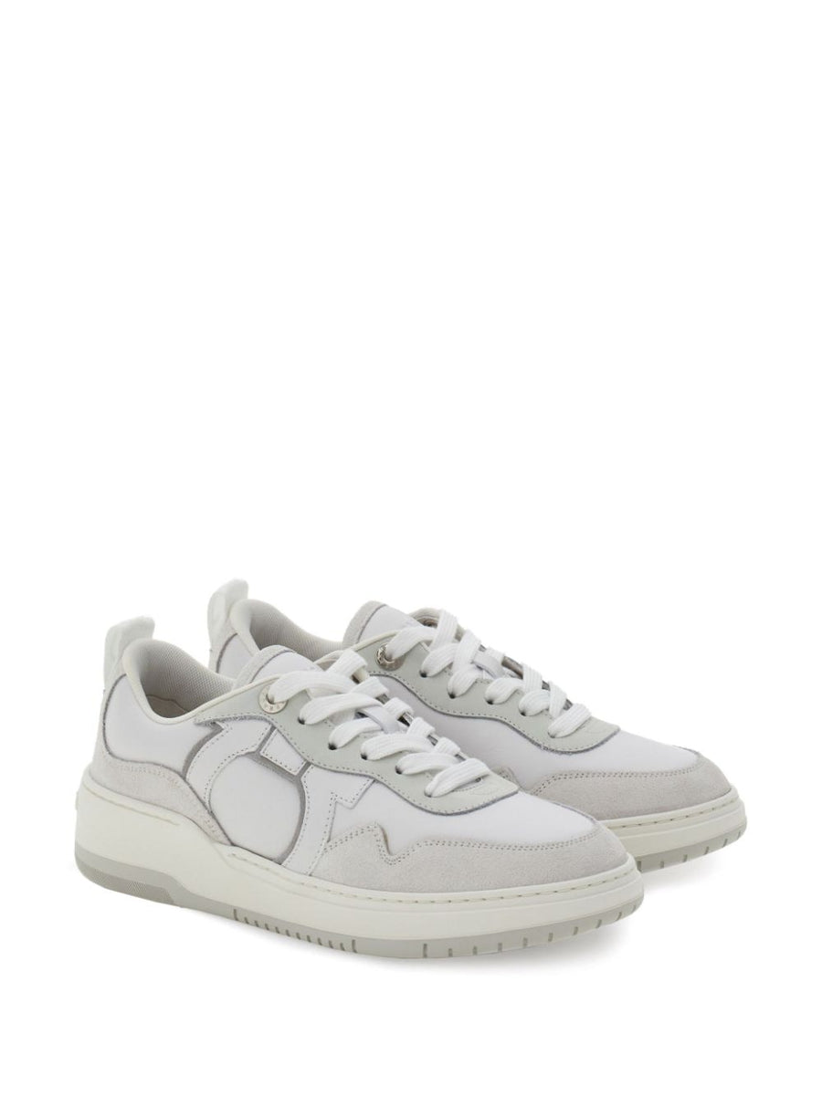 Ferragamo Gancini Leather Sneakers for Women in Optical White Luxury Calfskin and Suede Panels