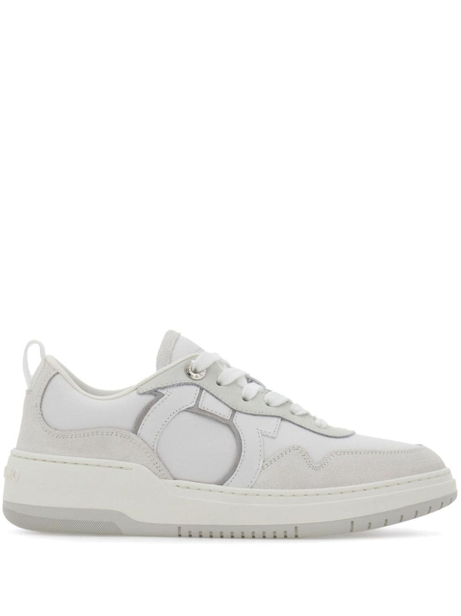 Ferragamo Gancini Leather Sneakers for Women in Optical White Luxury Calfskin and Suede Panels