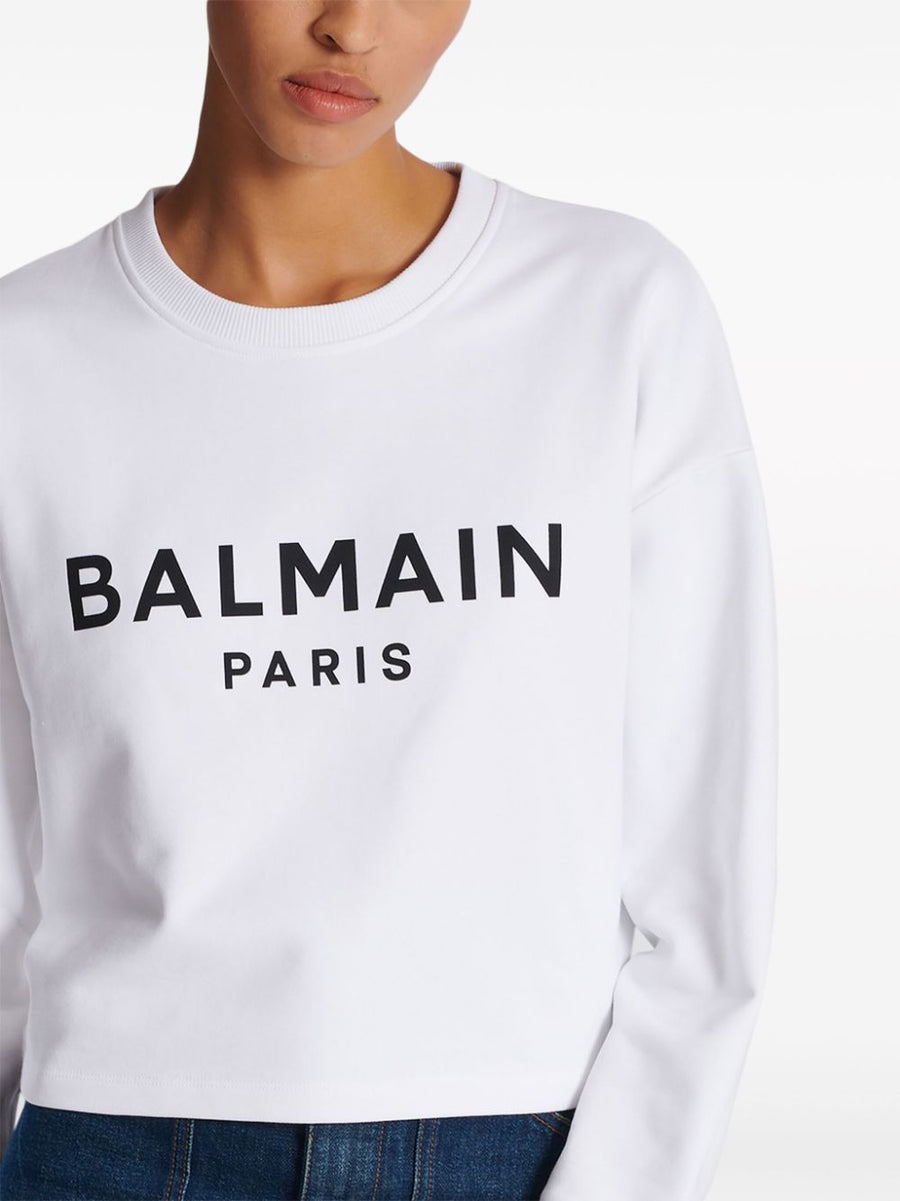 Balmain Logo Print Cropped White Cotton Sweatshirt For Women Luxury Everyday Casual Wear
