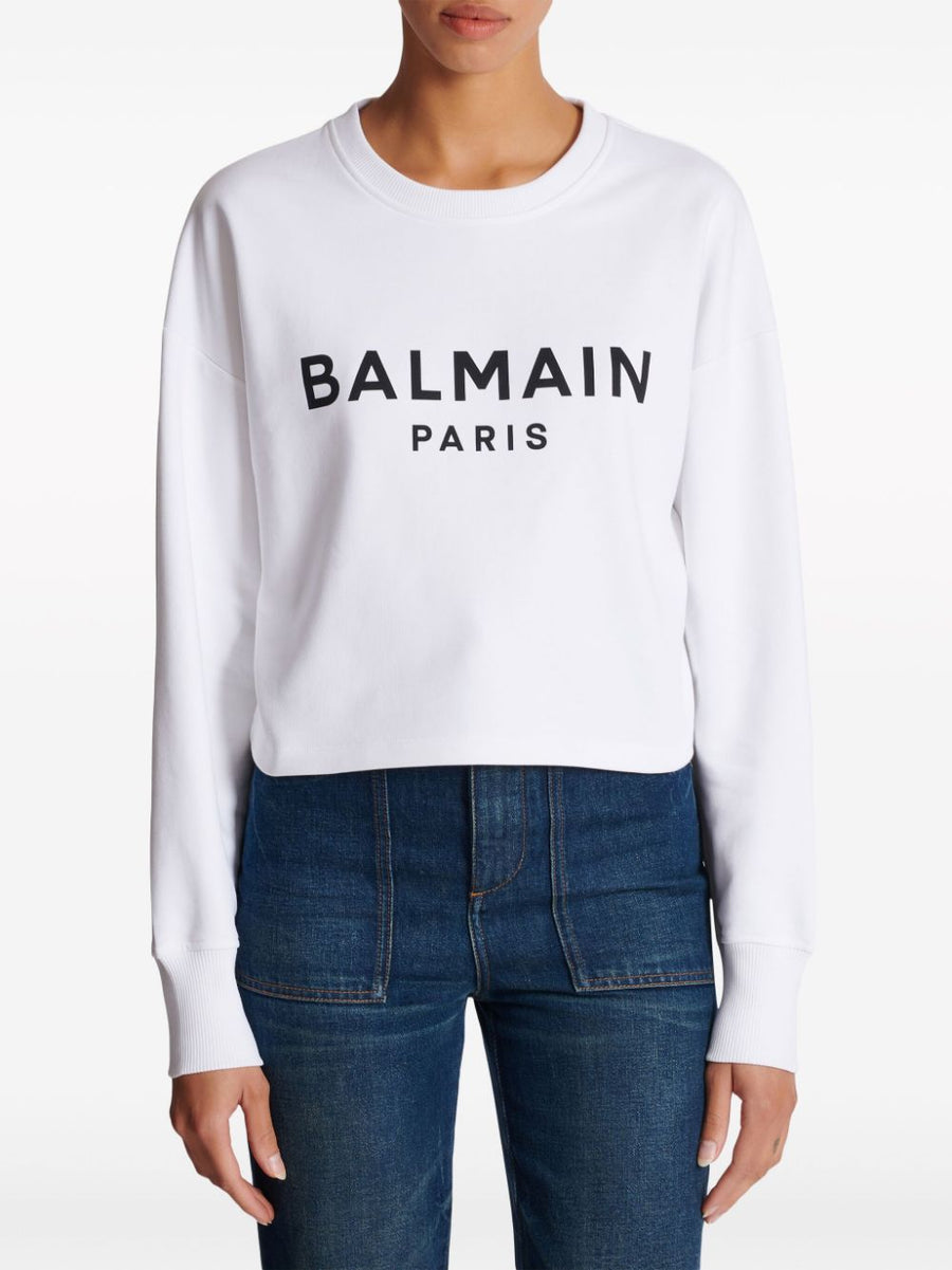 Balmain Logo Print Cropped White Cotton Sweatshirt For Women Luxury Everyday Casual Wear