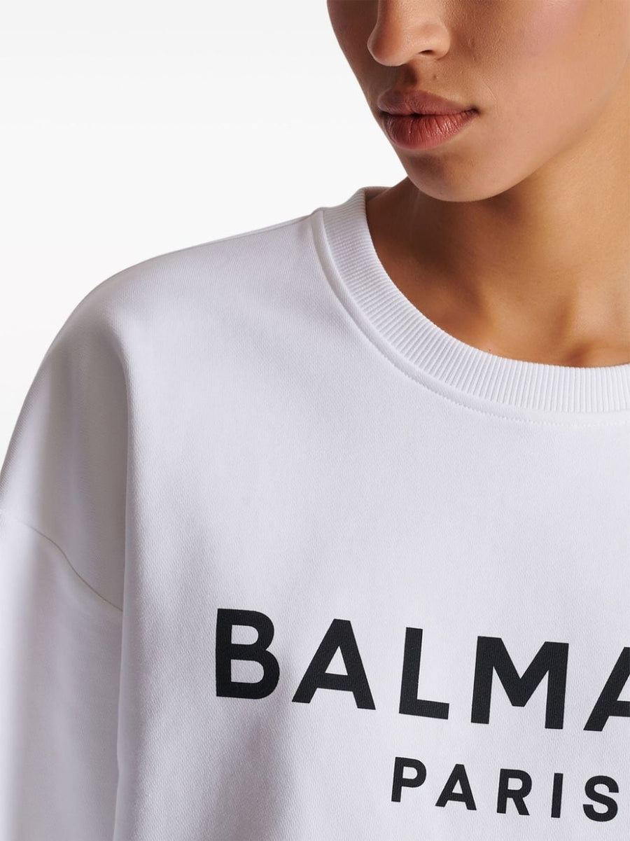 Balmain Logo Print Cropped White Cotton Sweatshirt For Women Luxury Everyday Casual Wear