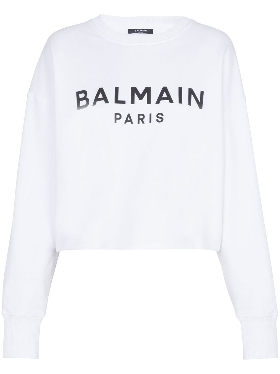 Balmain Logo Print Cropped White Cotton Sweatshirt For Women Luxury Everyday Casual Wear