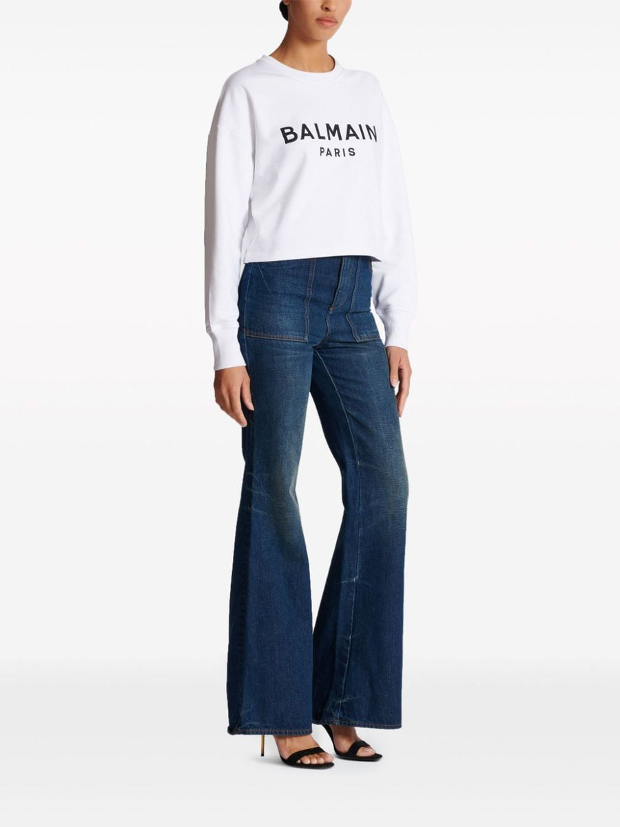 Balmain Logo Print Cropped White Cotton Sweatshirt For Women Luxury Everyday Casual Wear