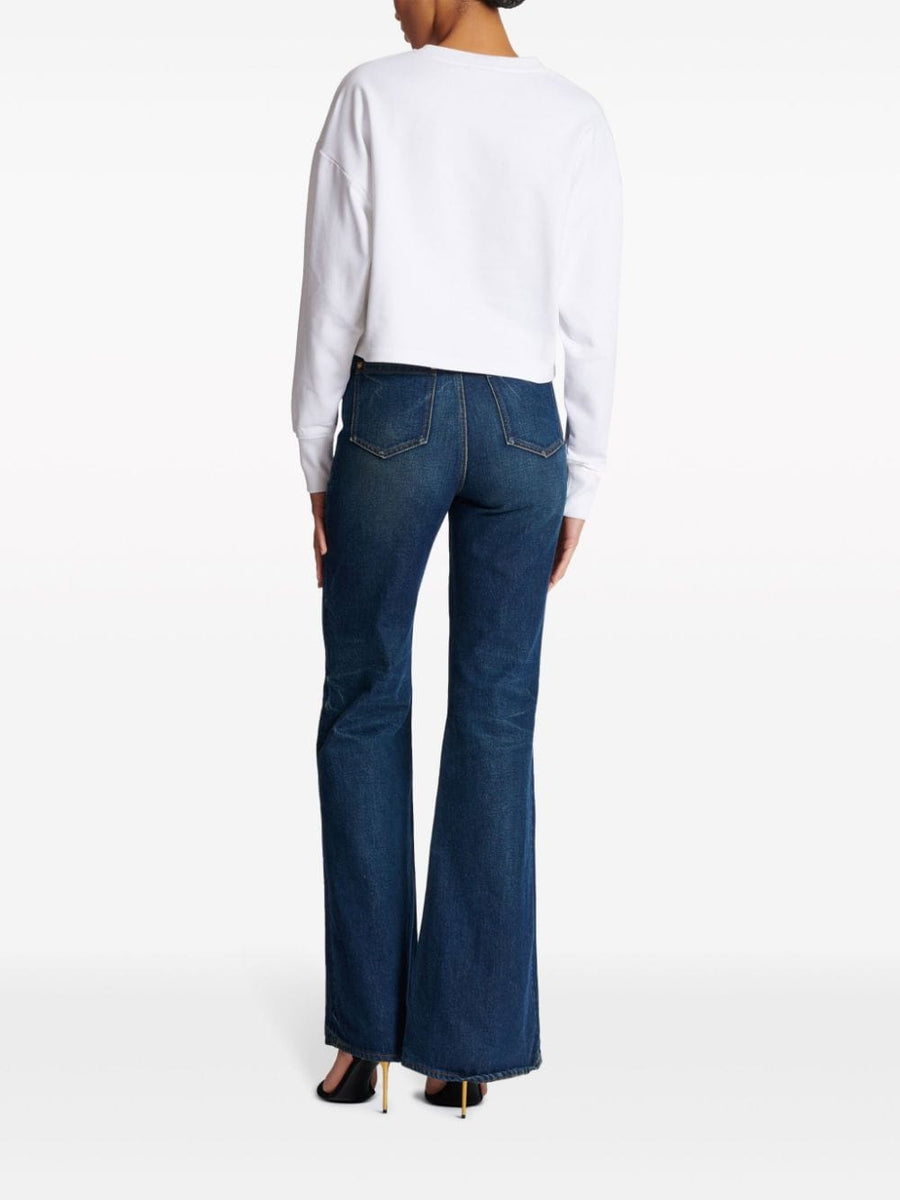 Balmain Logo Print Cropped White Cotton Sweatshirt For Women Luxury Everyday Casual Wear