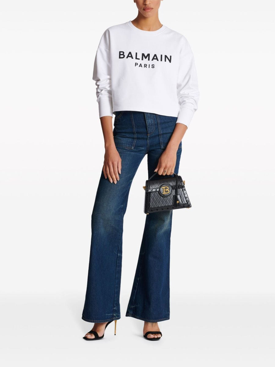Balmain Logo Print Cropped White Cotton Sweatshirt For Women Luxury Everyday Casual Wear