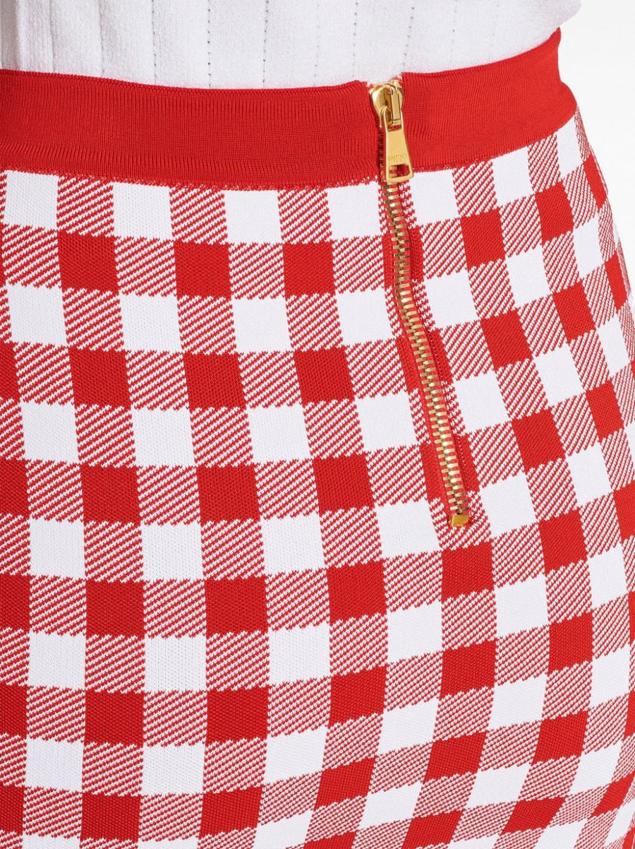 Balmain Gingham Fine Knit Miniskirt High Waist Poppy Red Luxury For Women Premium Detailing