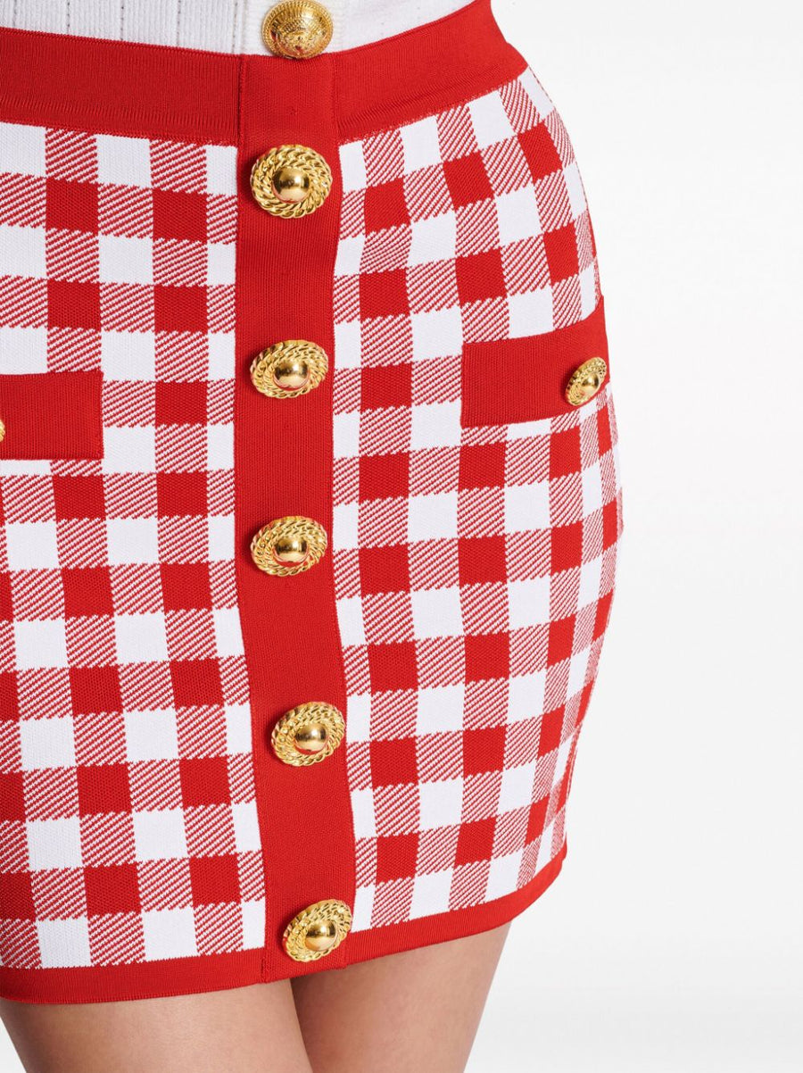 Balmain Gingham Fine Knit Miniskirt High Waist Poppy Red Luxury For Women Premium Detailing