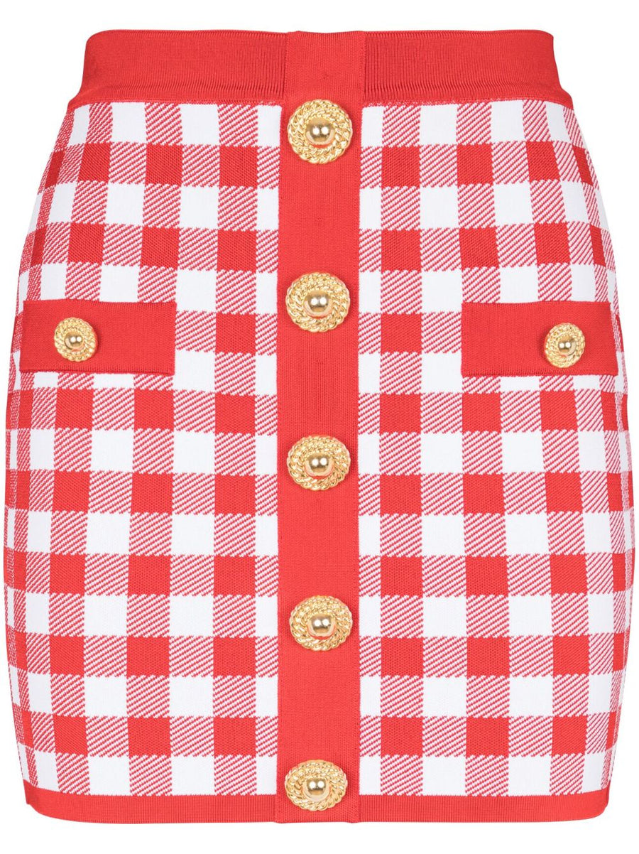 Balmain Gingham Fine Knit Miniskirt High Waist Poppy Red Luxury For Women Premium Detailing
