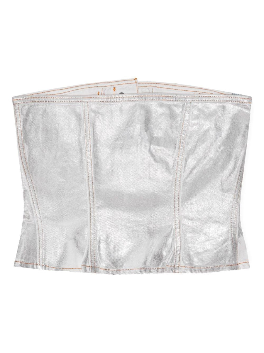Ganni Silver Foil Denim Corsage Top For Women Subtle Metallic Shine Organic Cotton Sleeveless Square Neck Chic