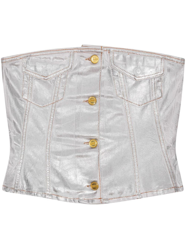 Ganni Silver Foil Denim Corsage Top For Women Subtle Metallic Shine Organic Cotton Sleeveless Square Neck Chic
