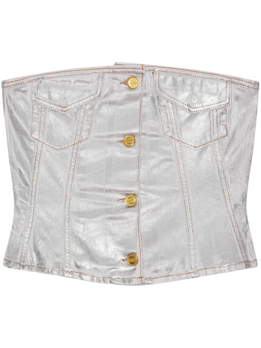 Ganni Silver Foil Denim Corsage Top For Women Subtle Metallic Shine Organic Cotton Sleeveless Square Neck Chic