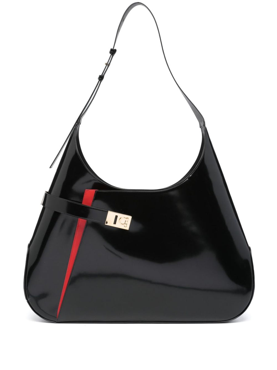 Ferragamo Extra Large Hobo Shoulder Bag Two Tone Black Red Bold Color Patent Leather For Women With Organized Interior