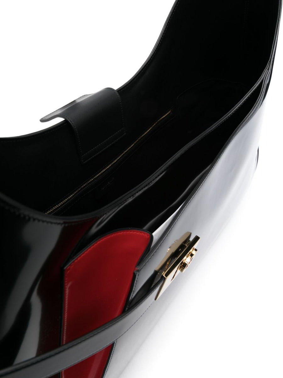 Ferragamo Extra Large Hobo Shoulder Bag Two Tone Black Red Bold Color Patent Leather For Women With Organized Interior