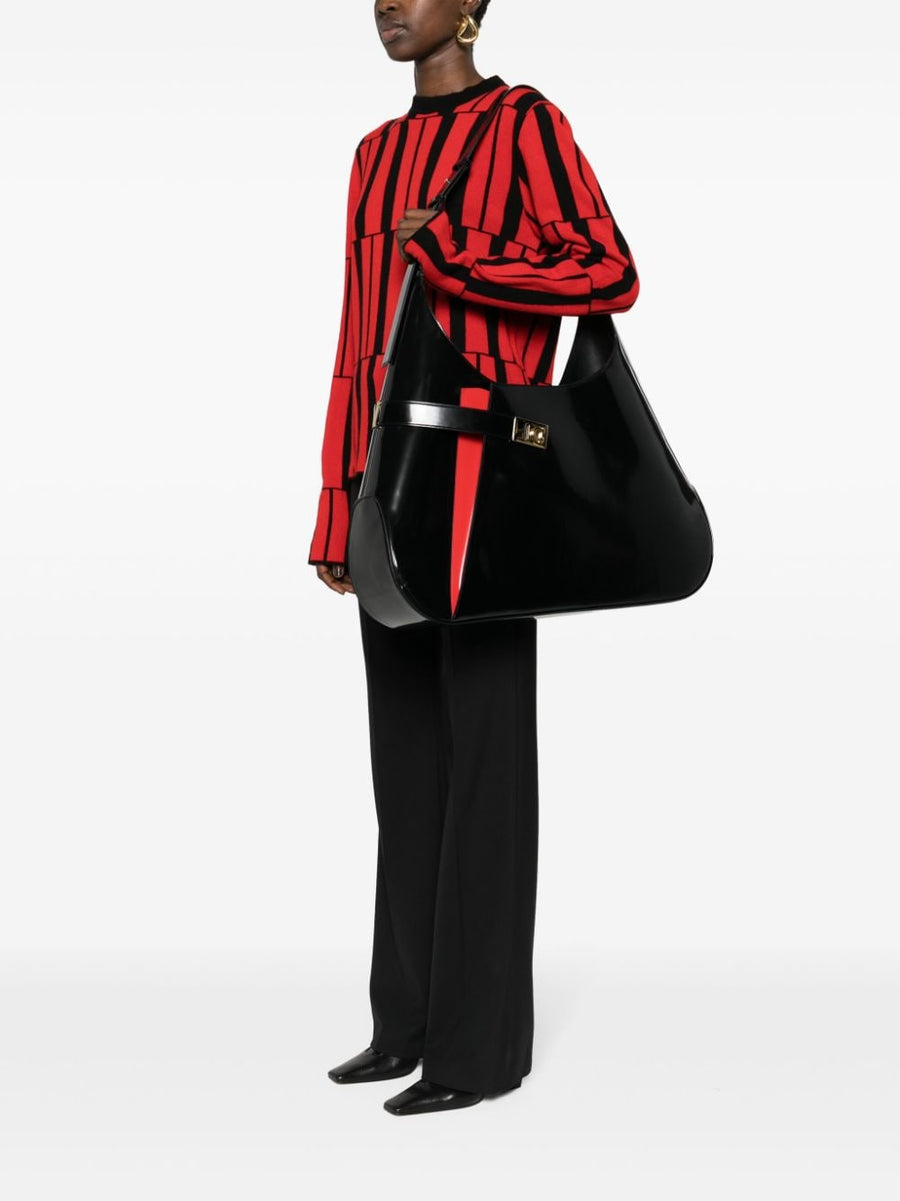 Ferragamo Extra Large Hobo Shoulder Bag Two Tone Black Red Bold Color Patent Leather For Women With Organized Interior