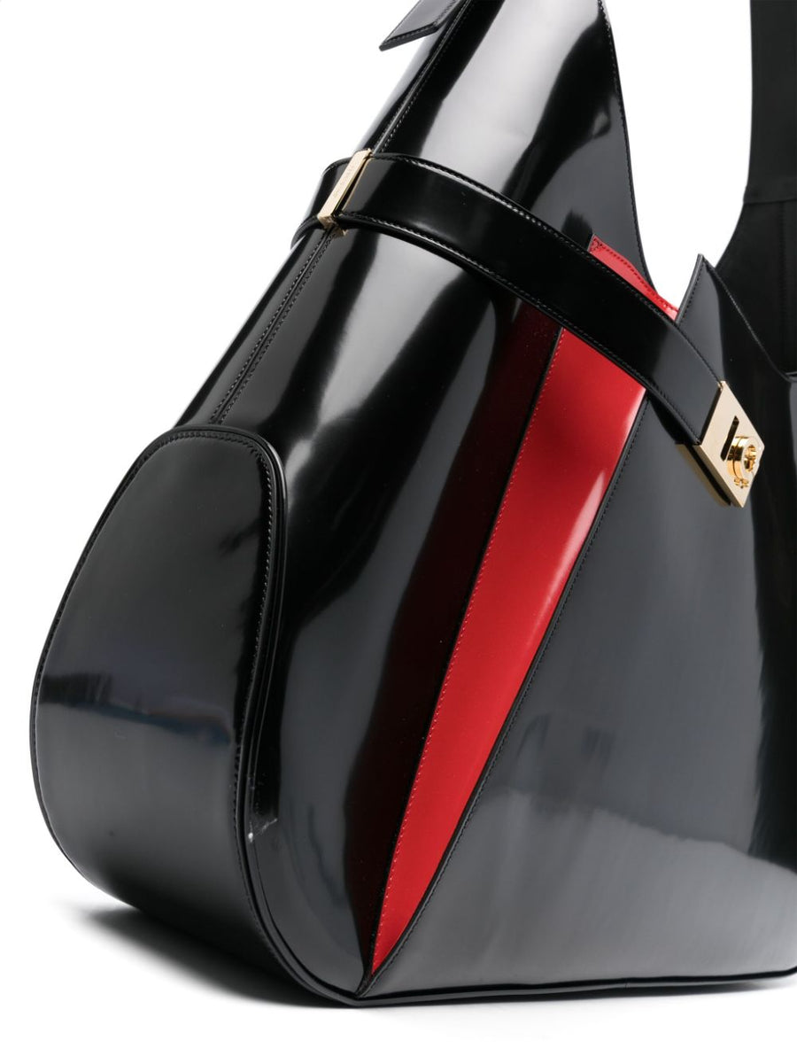 Ferragamo Extra Large Hobo Shoulder Bag Two Tone Black Red Bold Color Patent Leather For Women With Organized Interior