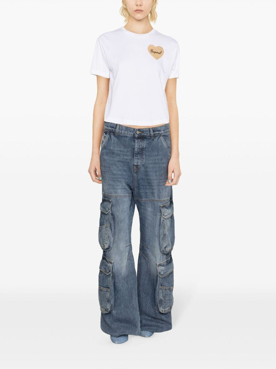 Dsquared2 Boxy Fit Cotton T Shirt White With Heart Motif Mesh Detailing Chest Logo For Women