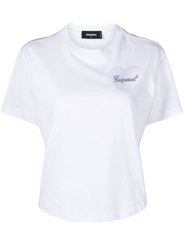 Dsquared2 Boxy Fit Cotton T Shirt White With Heart Motif Mesh Detailing Chest Logo For Women