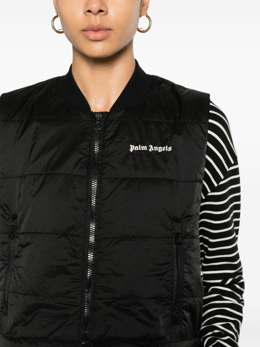 Palm Angels Classic Logo Quilted Cropped Vest For Women With White Chest Embroidery