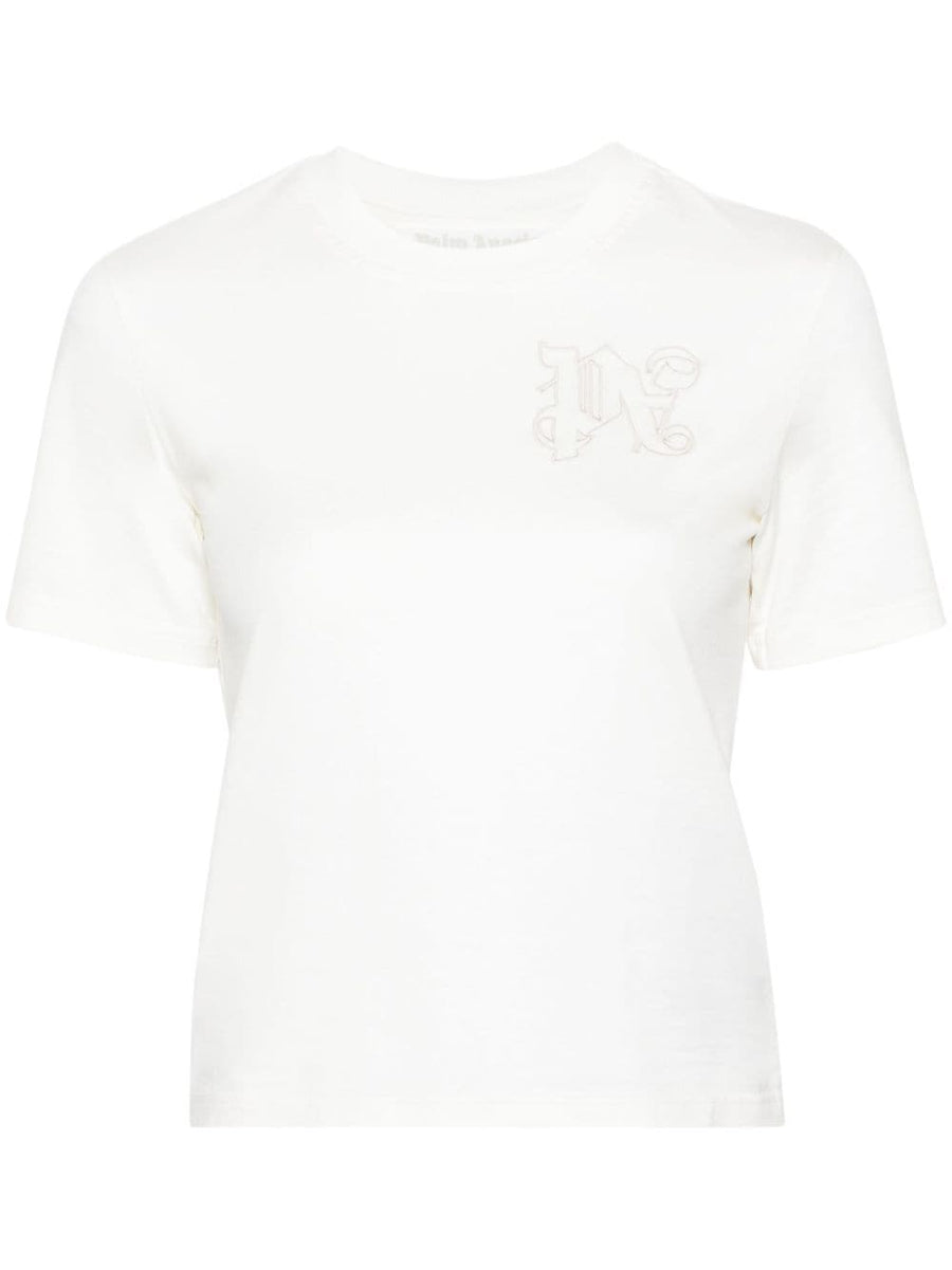 Palm Angels Logo Cotton T Shirt White Embroidered Chest For Women Everyday Essential
