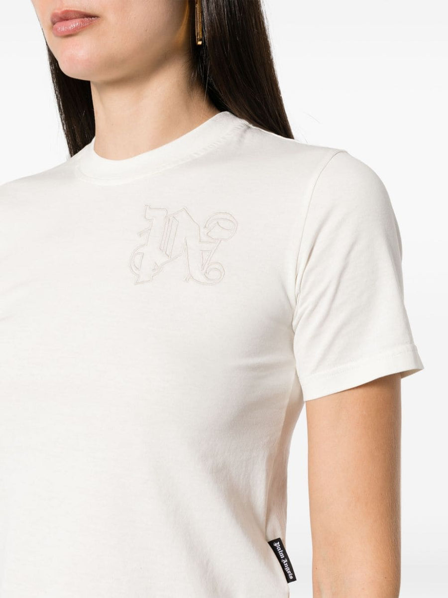 Palm Angels Logo Cotton T Shirt White Embroidered Chest For Women Everyday Essential