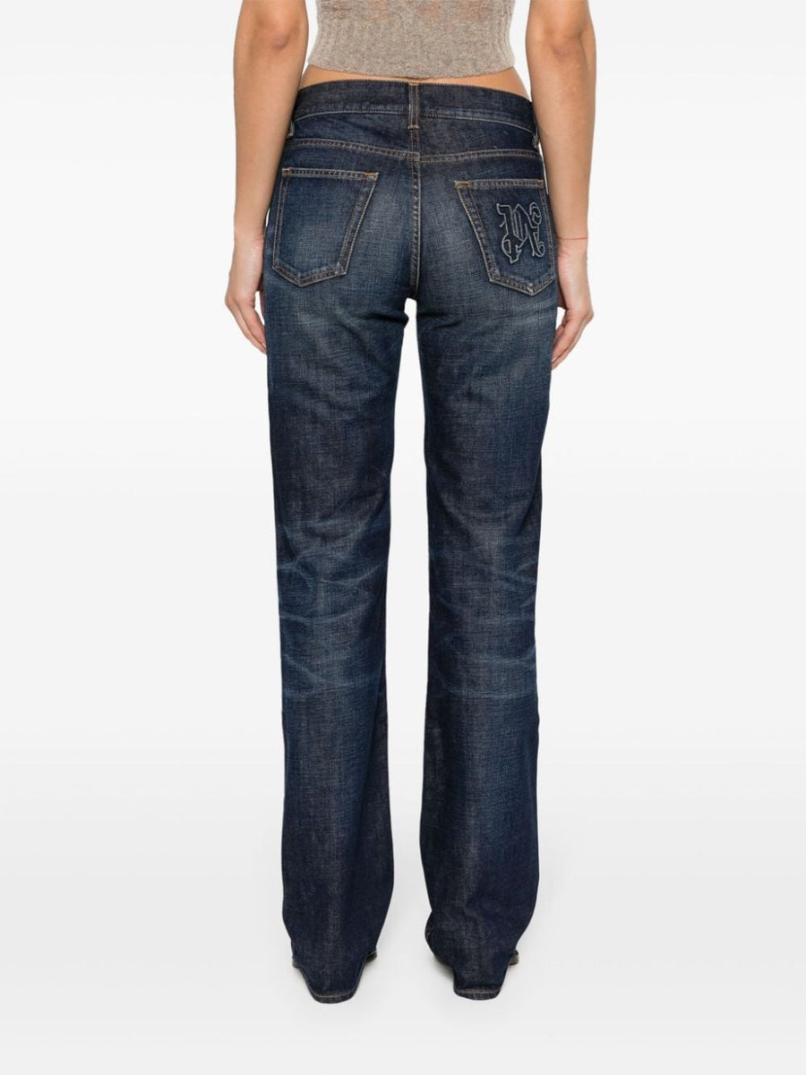 Palm Angels Navy Straight Leg Denim Jeans For Women With Embroidered Logo And Refined Silhouette