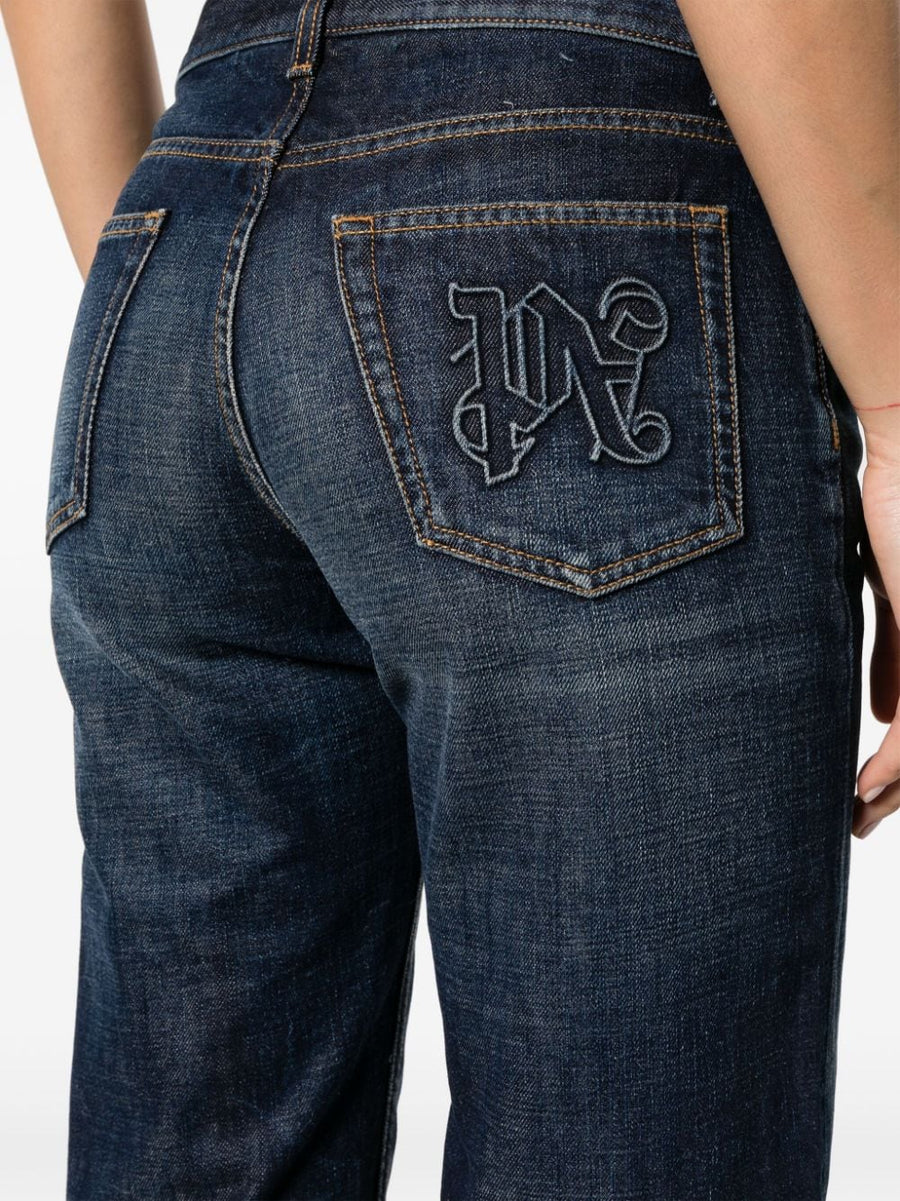 Palm Angels Navy Straight Leg Denim Jeans For Women With Embroidered Logo And Refined Silhouette