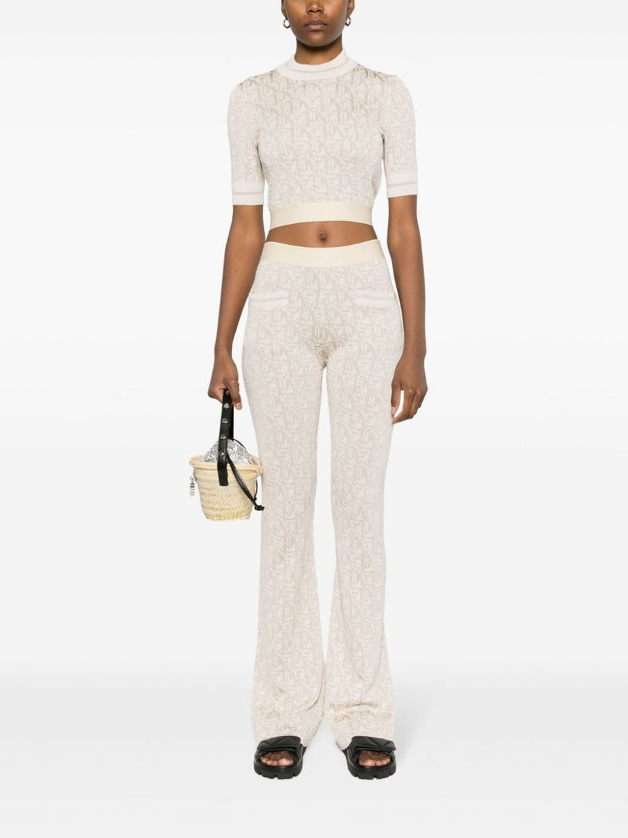 Palm Angels Monogram Jacquard Knit Trousers For Women Flared Pull On Gold Threading Luxurious