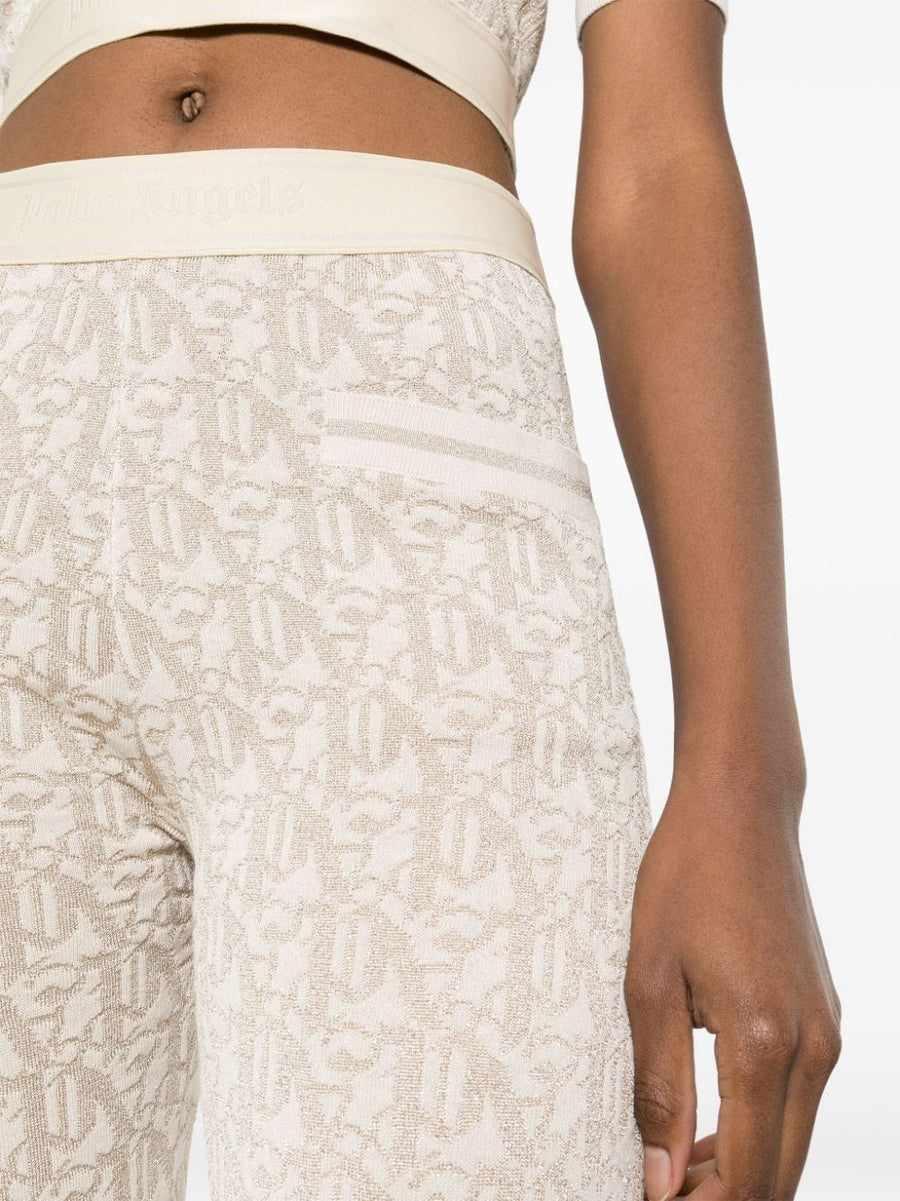 Palm Angels Monogram Jacquard Knit Trousers For Women Flared Pull On Gold Threading Luxurious