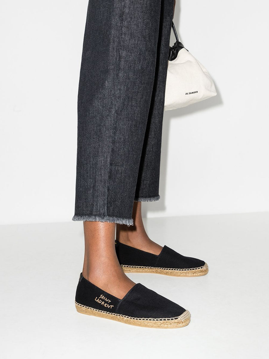 Saint Laurent Logo Embroidered Espadrilles Luxury Black Canvas Slip On For Women With Italian Craftsmanship
