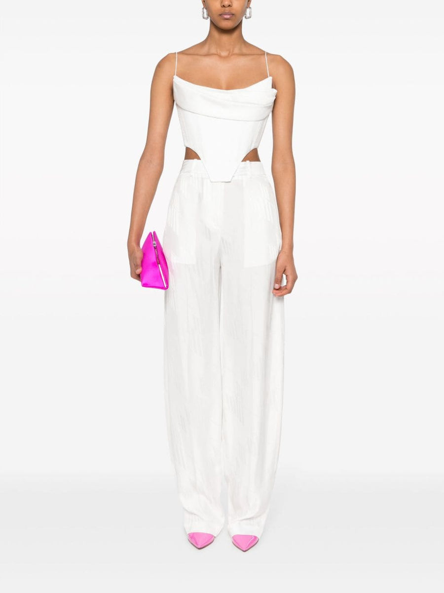 The Attico Logo Trousers Milk White Satin Jacquard Luxury Ready For Day To Night Wear For Women