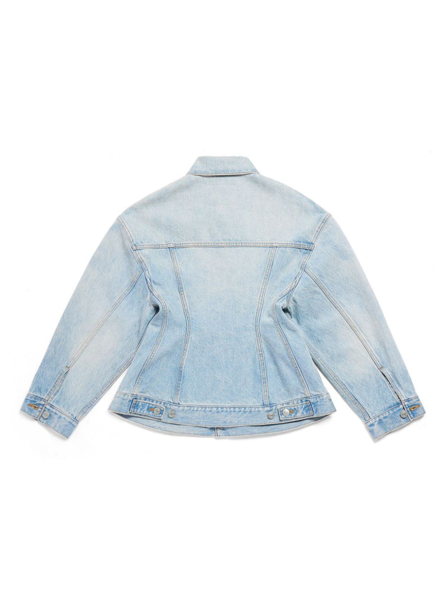 Balenciaga Hourglass Denim Jacket For Women - Cinched Waist, Light Blue Cotton Denim, Front Button Luxury