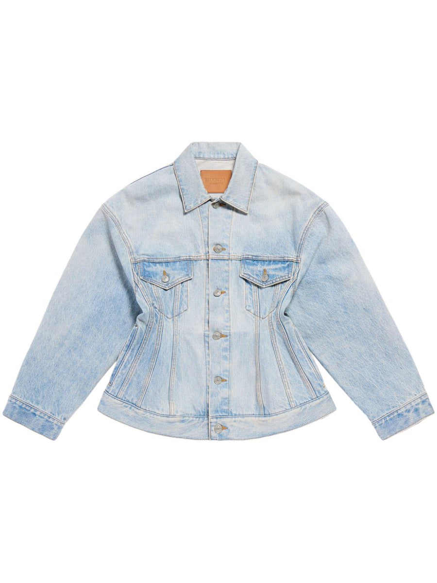 Balenciaga Hourglass Denim Jacket For Women - Cinched Waist, Light Blue Cotton Denim, Front Button Luxury