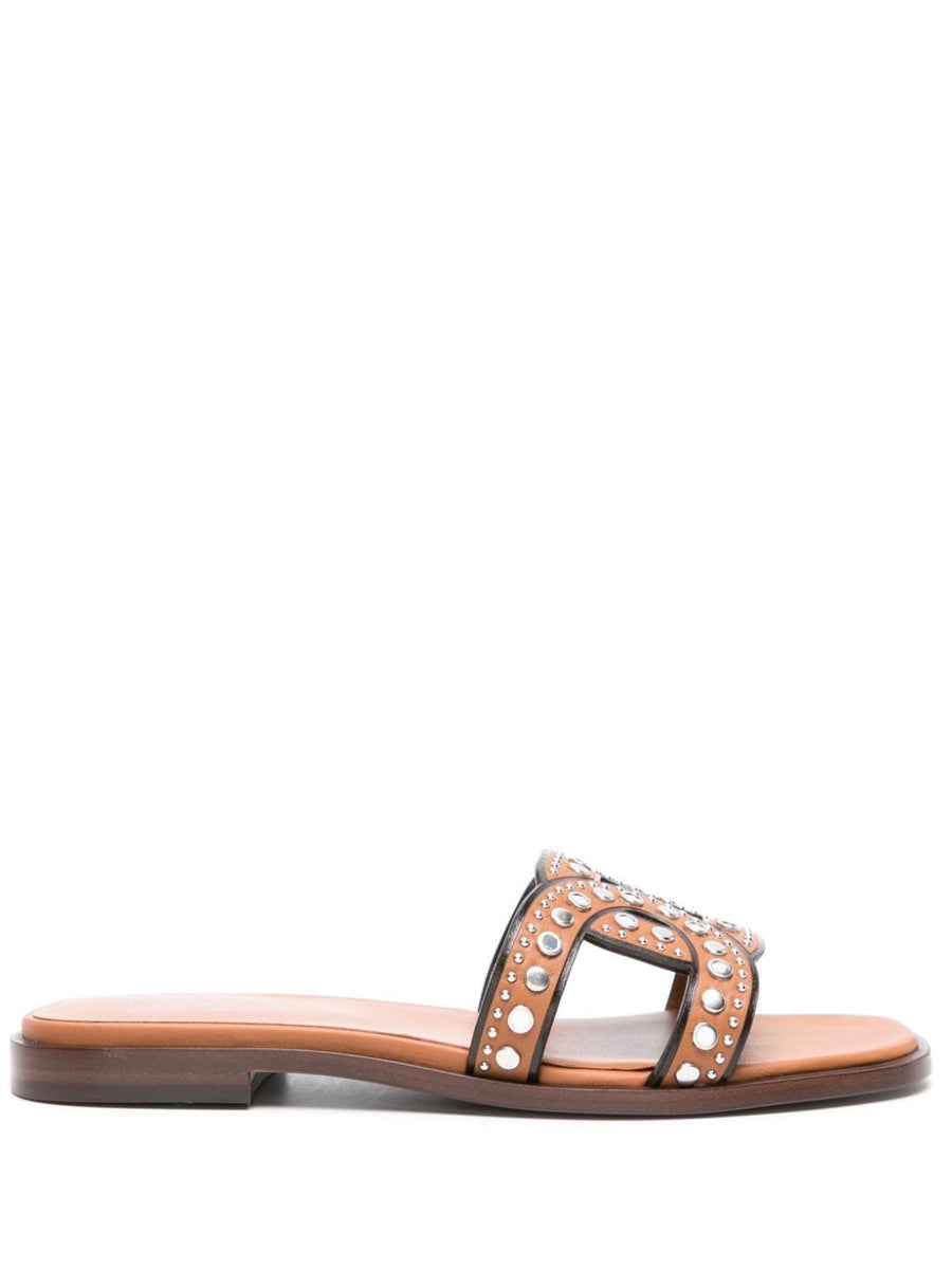 Tod's Kate Studded Sandals For Women Camel Calf Leather Slip On Flat Luxurious Comfort