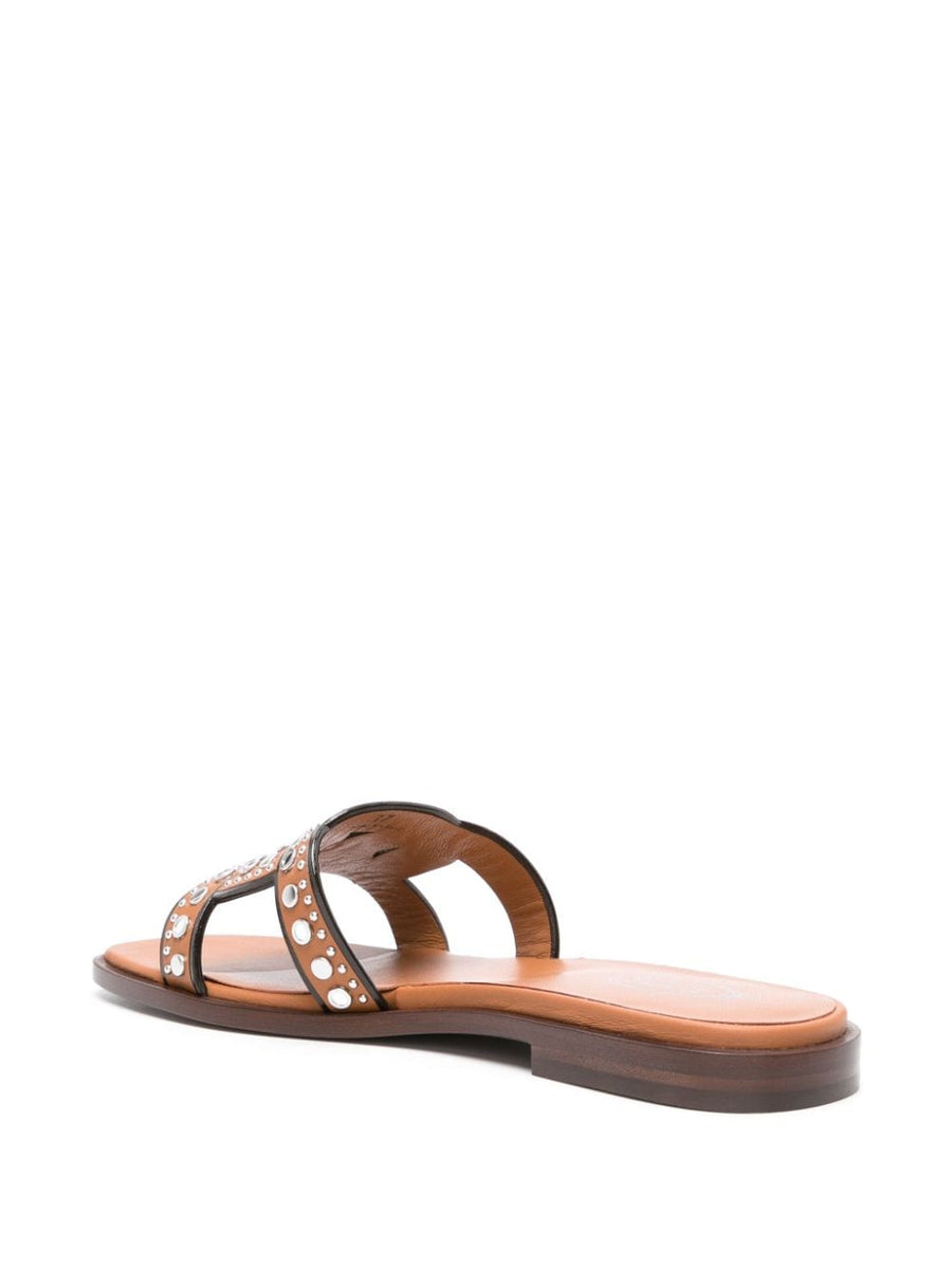 Tod's Kate Studded Sandals For Women Camel Calf Leather Slip On Flat Luxurious Comfort