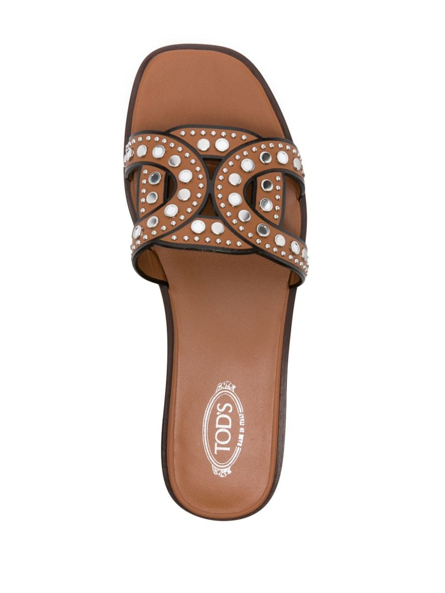 Tod's Kate Studded Sandals For Women Camel Calf Leather Slip On Flat Luxurious Comfort
