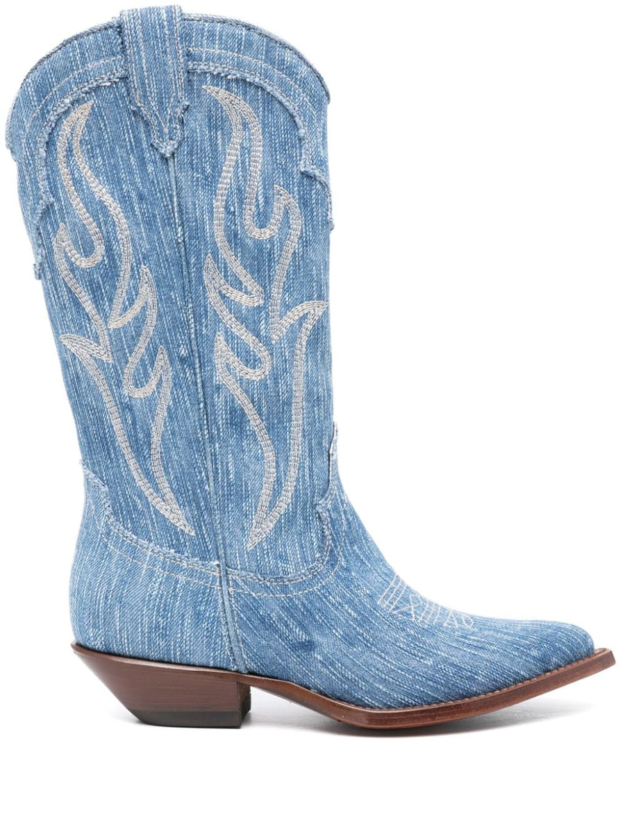 Sonora Denim Boot Western Santa Fe Light Blue Washed Denim Calf Length Slip On Comfort for Women and Block Heel