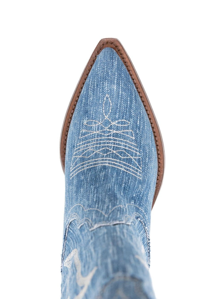 Sonora Denim Boot Western Santa Fe Light Blue Washed Denim Calf Length Slip On Comfort for Women and Block Heel